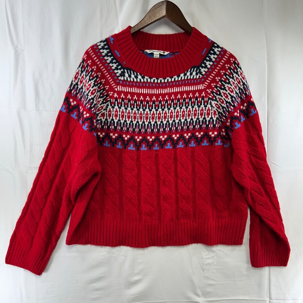 Mountain and Isles Fair Isle Sweater Womens XL Red Cable Knit Crew Neck
